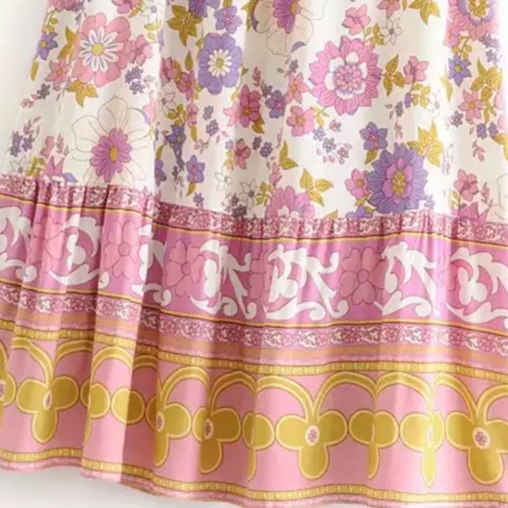 Boho Floral Gypsy Print Maxi Skirt Wild Bloom Pink - Picture 7 of 9